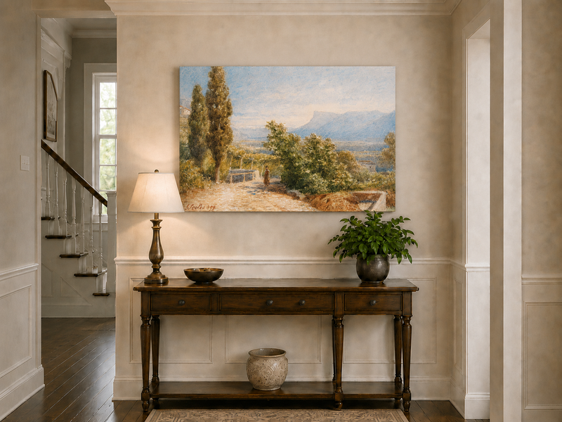 Landscape Oil Painting - Sunlit Garden Path and Distant Mountains