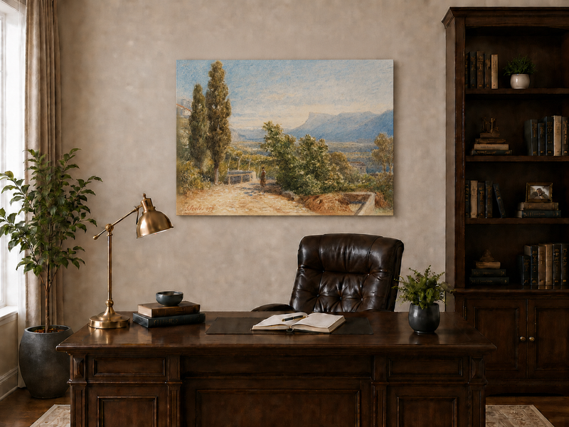 Landscape Oil Painting - Sunlit Garden Path and Distant Mountains