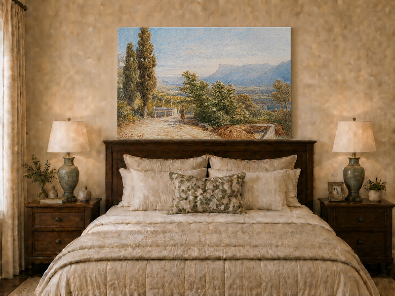 Landscape Oil Painting - Sunlit Garden Path and Distant Mountains