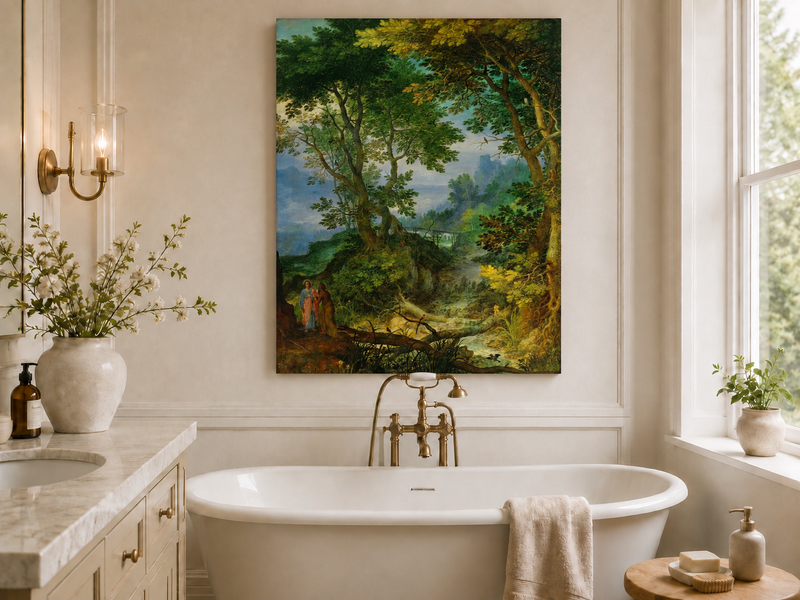 Peinture à l'huile de paysage - Ruisseau forestier avec personnages et château