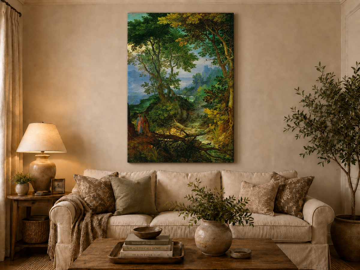 Peinture à l'huile de paysage - Ruisseau forestier avec personnages et château