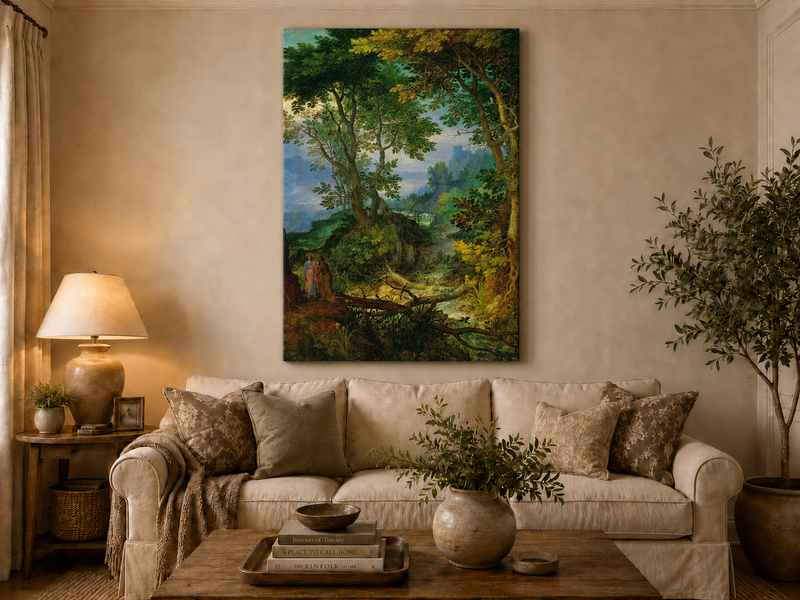 Peinture à l'huile de paysage - Ruisseau forestier avec personnages et château