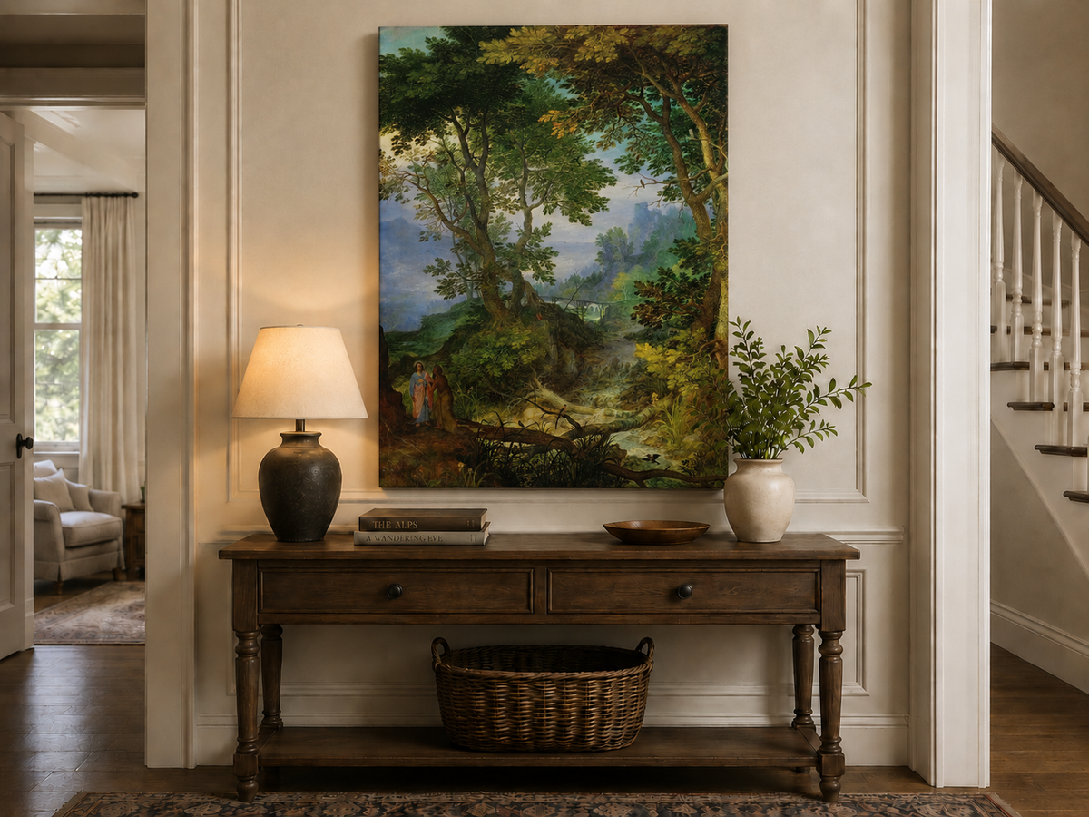 Peinture à l'huile de paysage - Ruisseau forestier avec personnages et château
