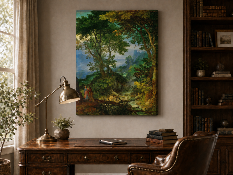 Peinture à l'huile de paysage - Ruisseau forestier avec personnages et château