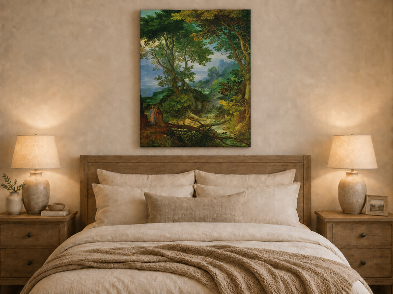 Peinture à l'huile de paysage - Ruisseau forestier avec personnages et château