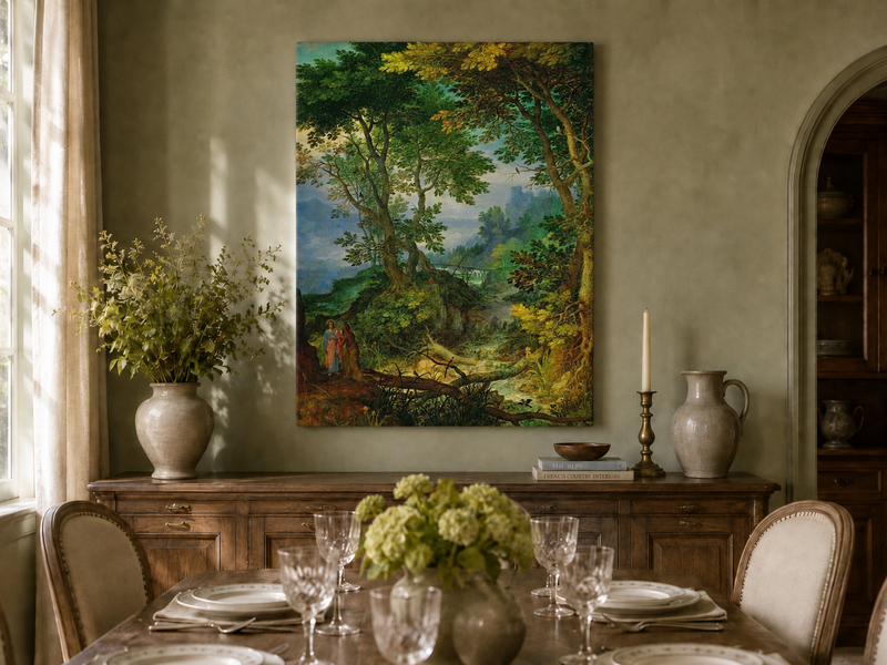 Peinture à l'huile de paysage - Ruisseau forestier avec personnages et château