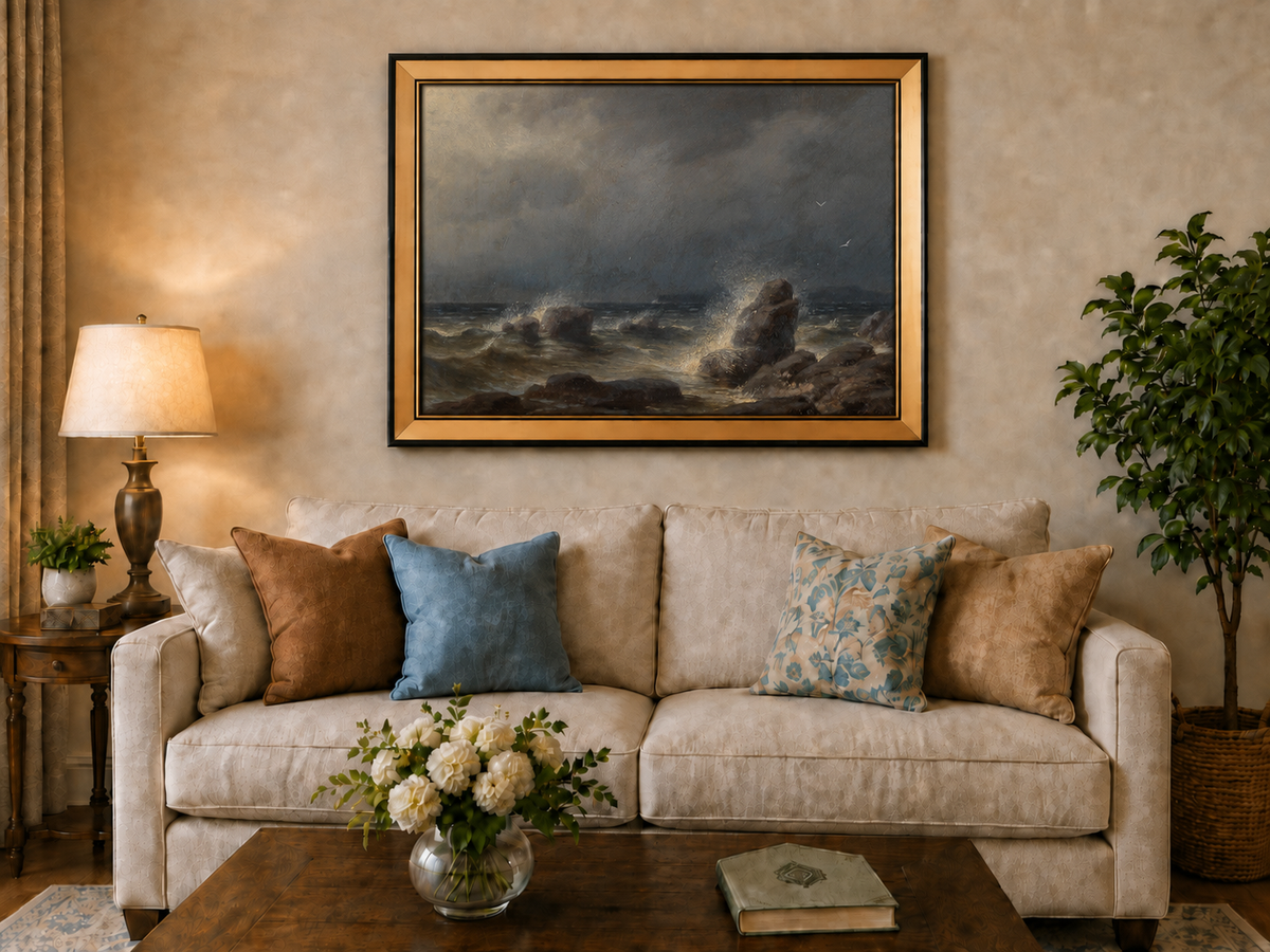 Peinture à l'huile de paysage - Scène de rivière hivernale avec personnages et chevaux