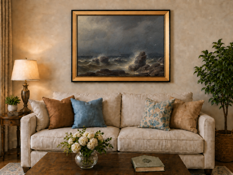 Peinture à l'huile de paysage - Scène de rivière hivernale avec personnages et chevaux