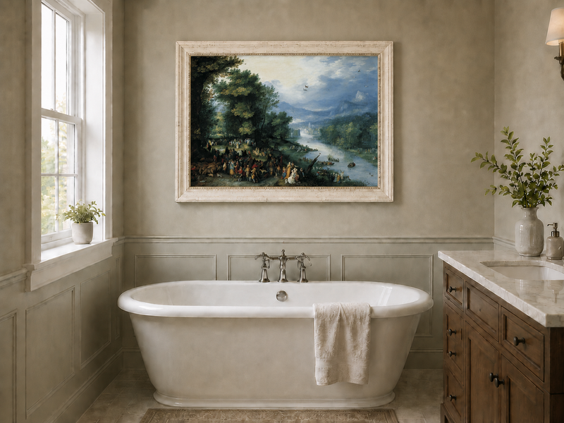 Landscape Oil Painting - River Scene with Crowd & Boats