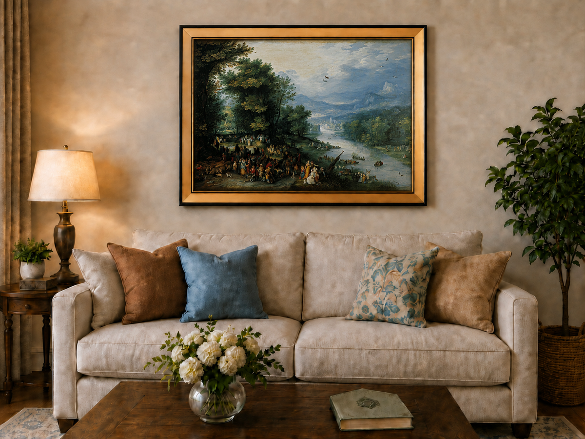 Landscape Oil Painting - River Scene with Crowd & Boats