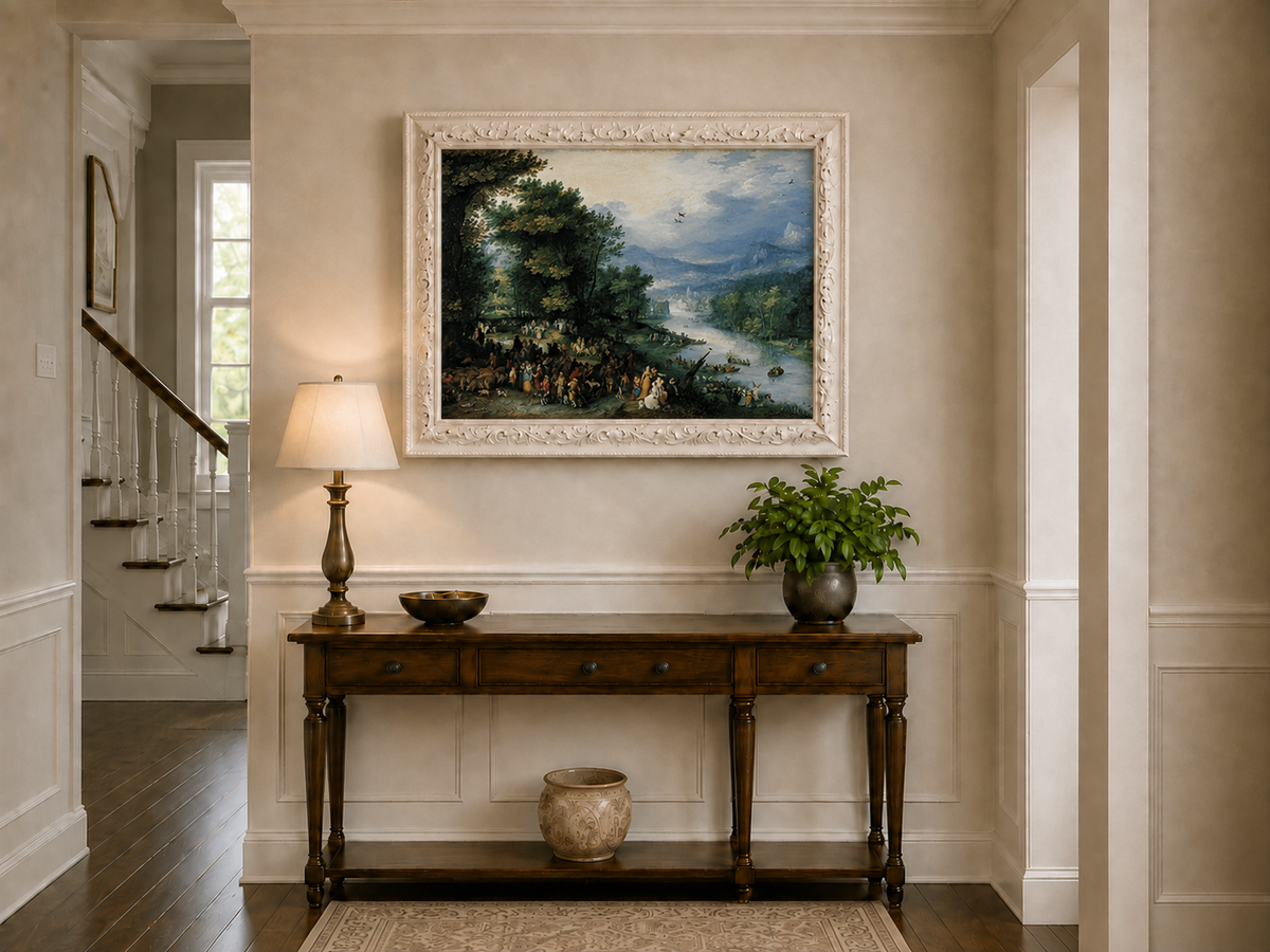 Landscape Oil Painting - River Scene with Crowd & Boats