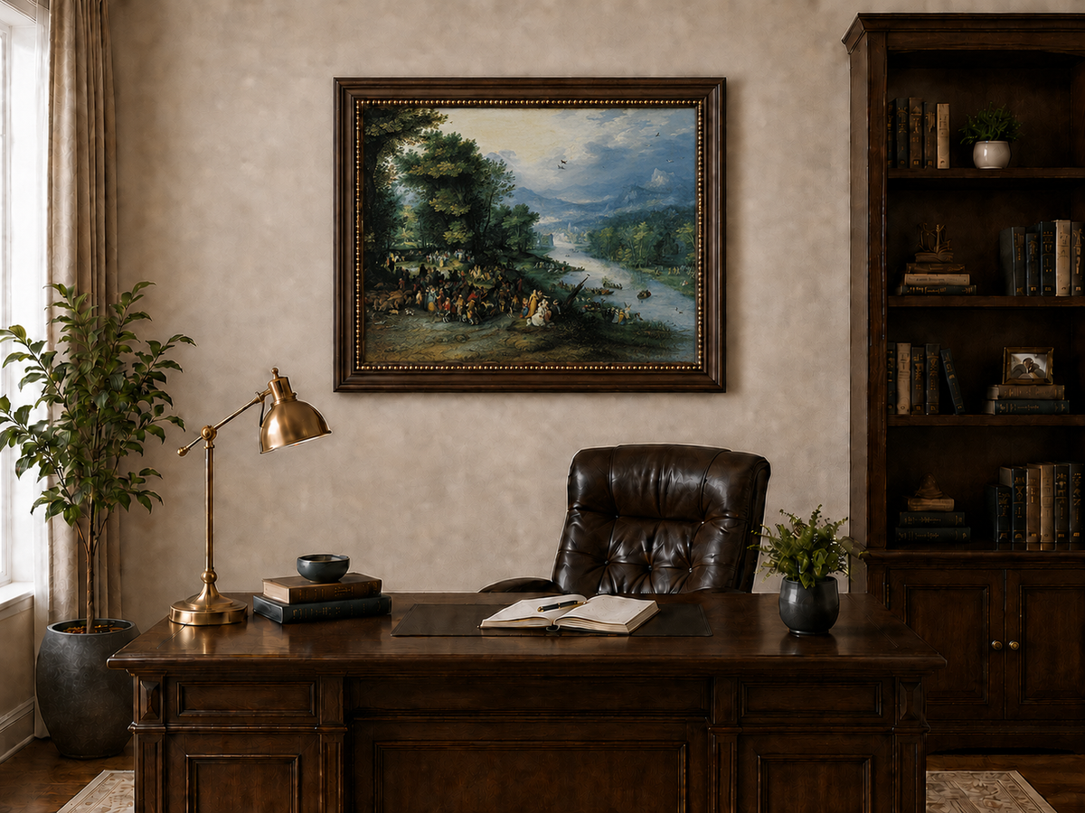 Landscape Oil Painting - River Scene with Crowd & Boats