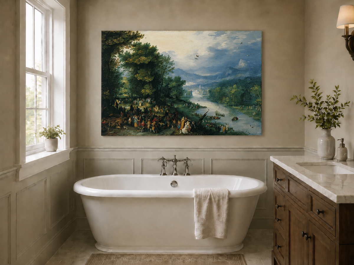 Landscape Oil Painting - River Scene with Crowd & Boats