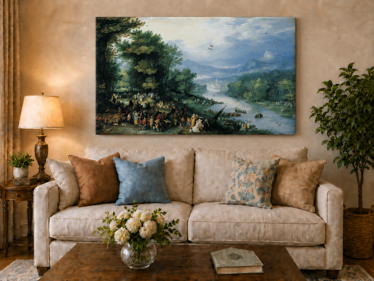 Landscape Oil Painting - River Scene with Crowd & Boats