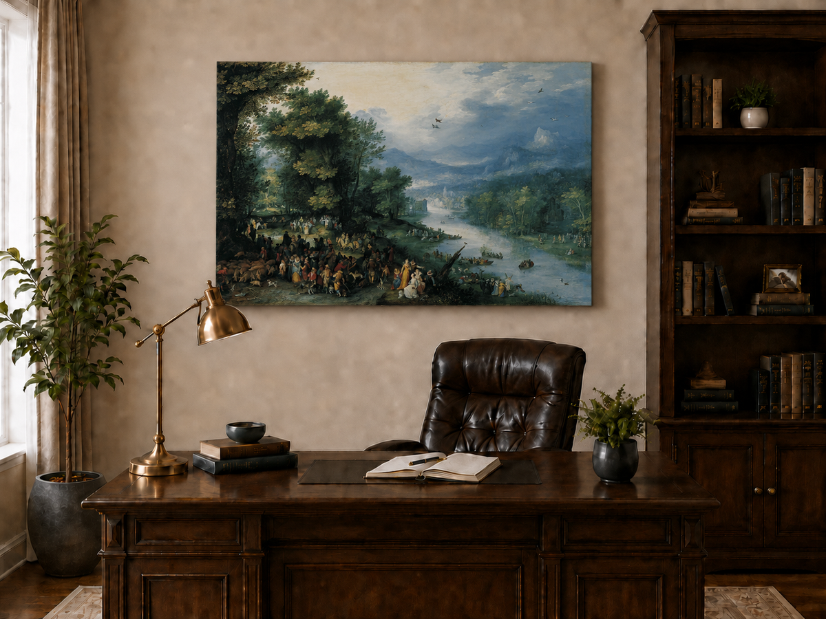 Landscape Oil Painting - River Scene with Crowd & Boats