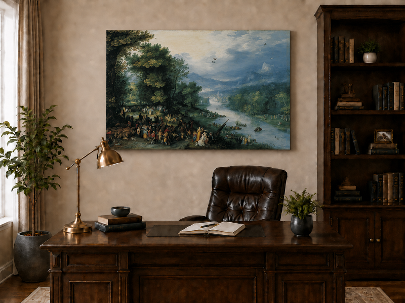 Landscape Oil Painting - River Scene with Crowd & Boats