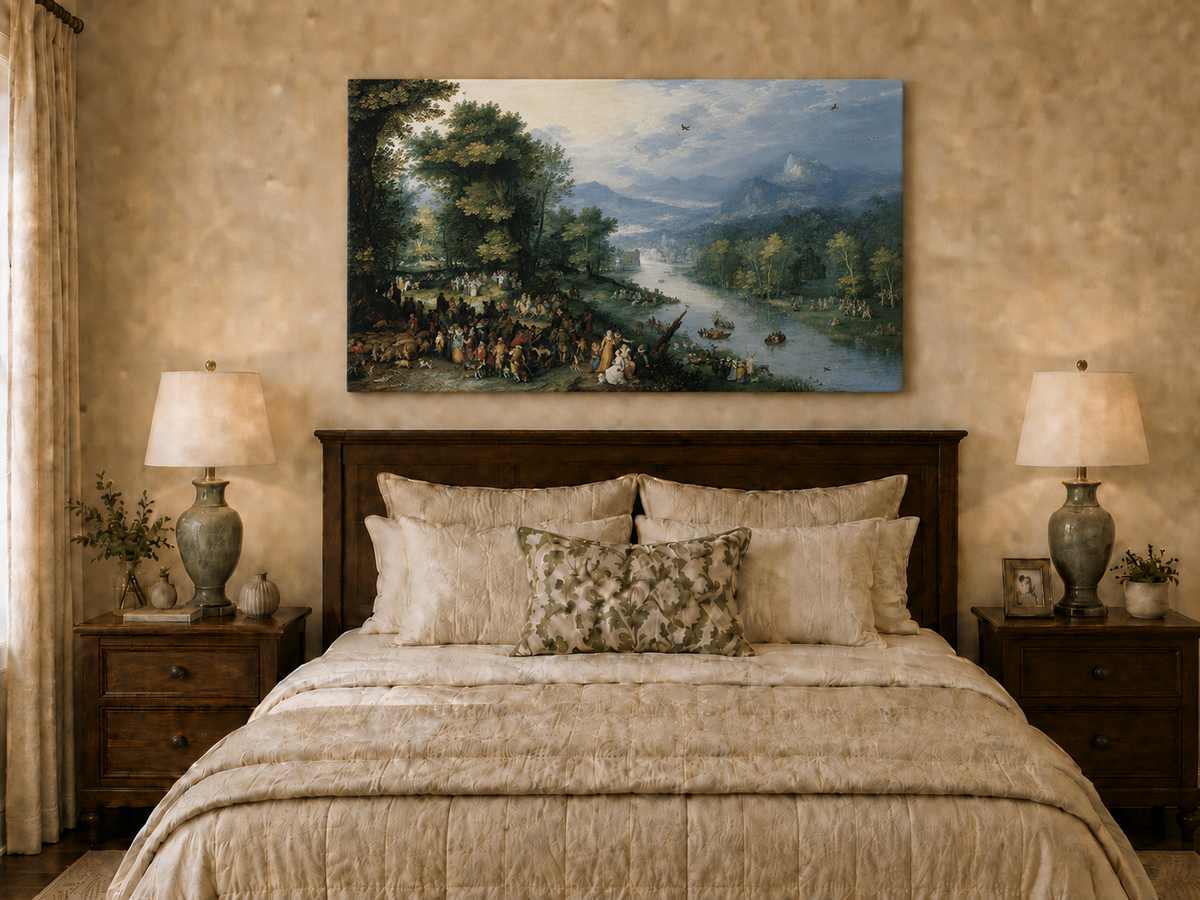 Landscape Oil Painting - River Scene with Crowd & Boats