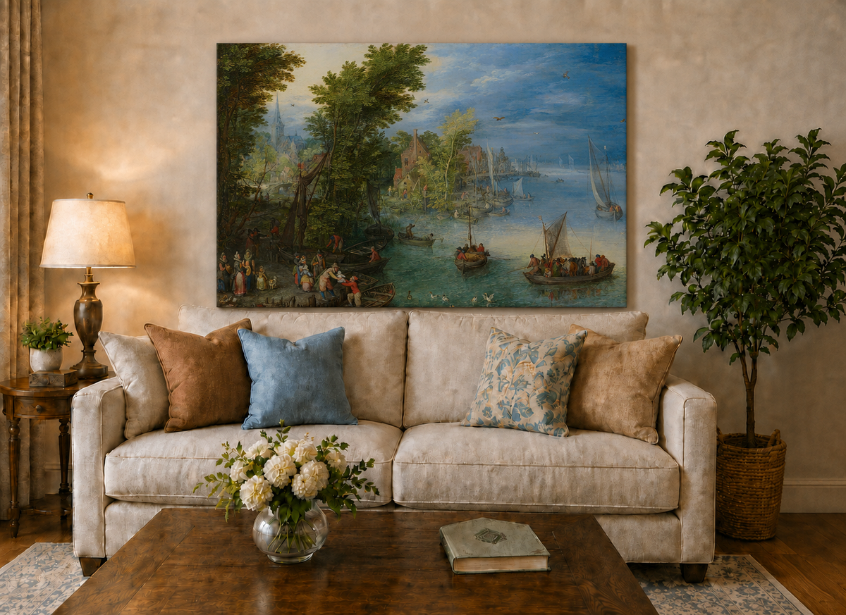 Peinture à l'huile de paysage - Port de village au bord de la rivière avec bateaux