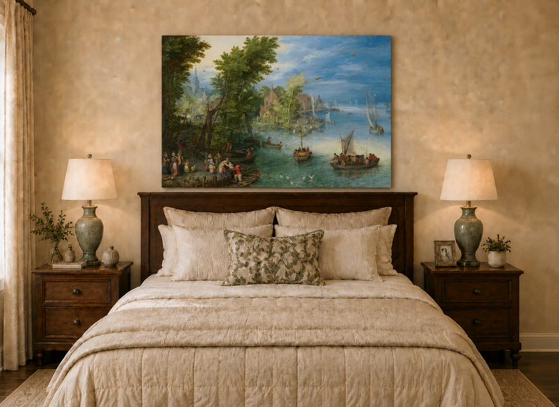 Peinture à l'huile de paysage - Port de village au bord de la rivière avec bateaux