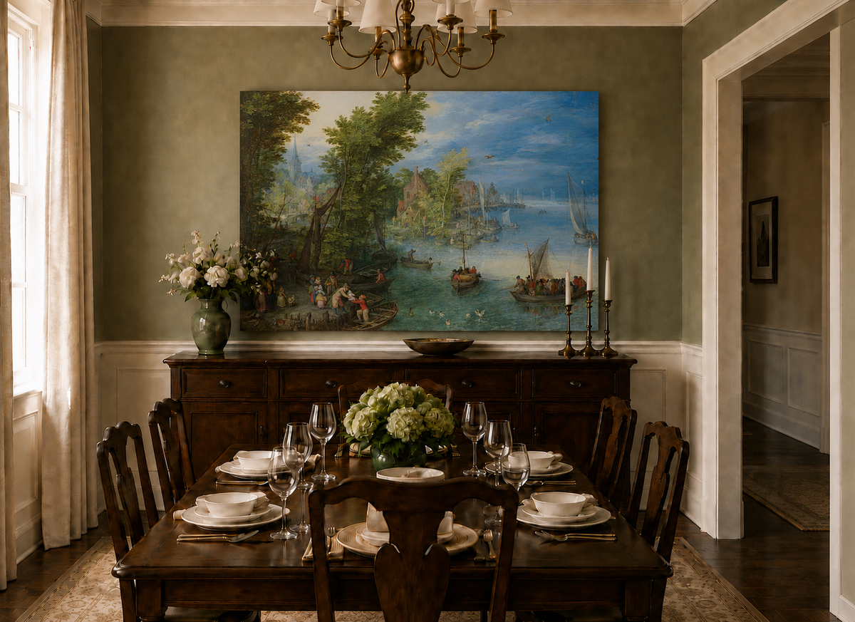 Peinture à l'huile de paysage - Port de village au bord de la rivière avec bateaux