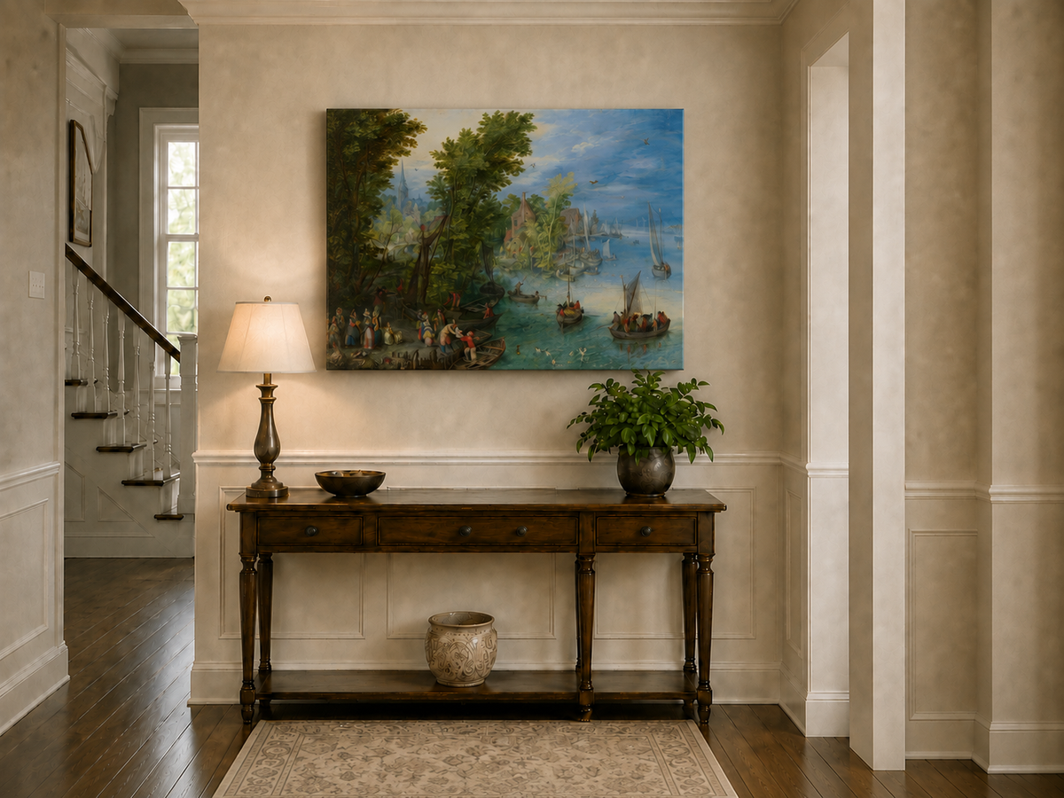 Peinture à l'huile de paysage - Port de village au bord de la rivière avec bateaux
