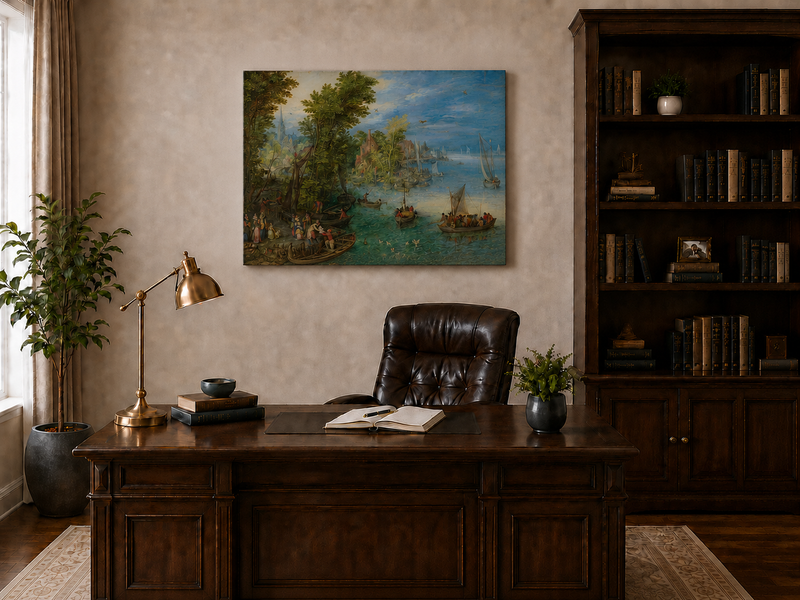 Peinture à l'huile de paysage - Port de village au bord de la rivière avec bateaux
