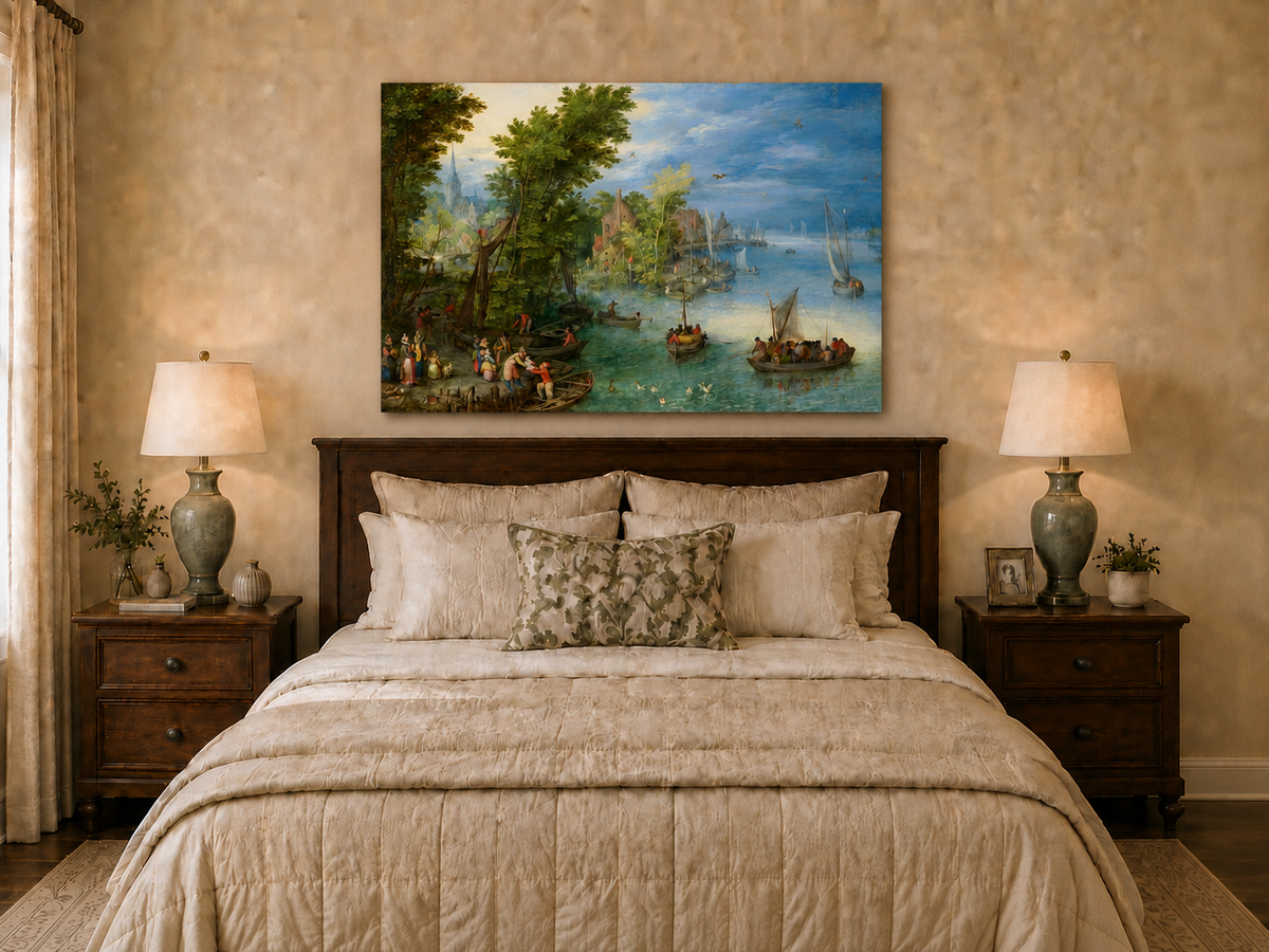 Peinture à l'huile de paysage - Port de village au bord de la rivière avec bateaux