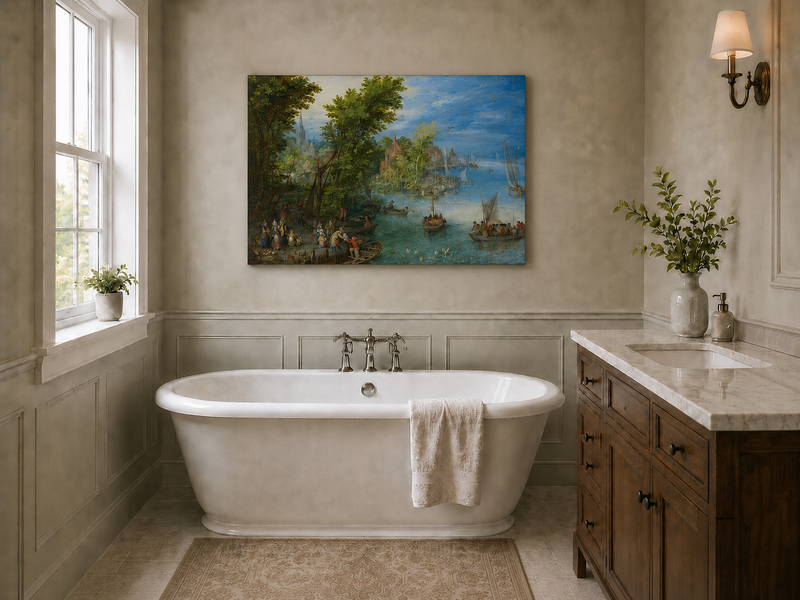 Peinture à l'huile de paysage - Port de village au bord de la rivière avec bateaux