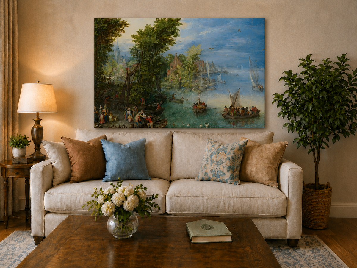 Peinture à l'huile de paysage - Port de village au bord de la rivière avec bateaux
