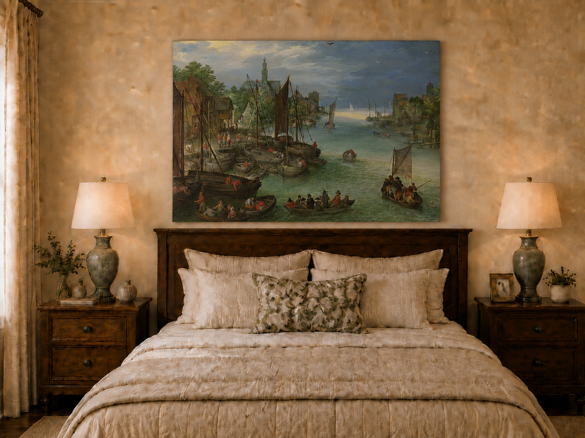 Peinture à l'huile de paysage - Scène de rivière hivernale avec personnages et chevaux