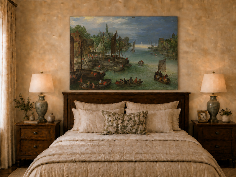 Peinture à l'huile de paysage - Scène de rivière hivernale avec personnages et chevaux