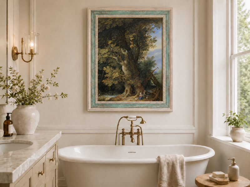 Peinture à l'huile de paysage - Rivière printanière avec pêcheur et arbres