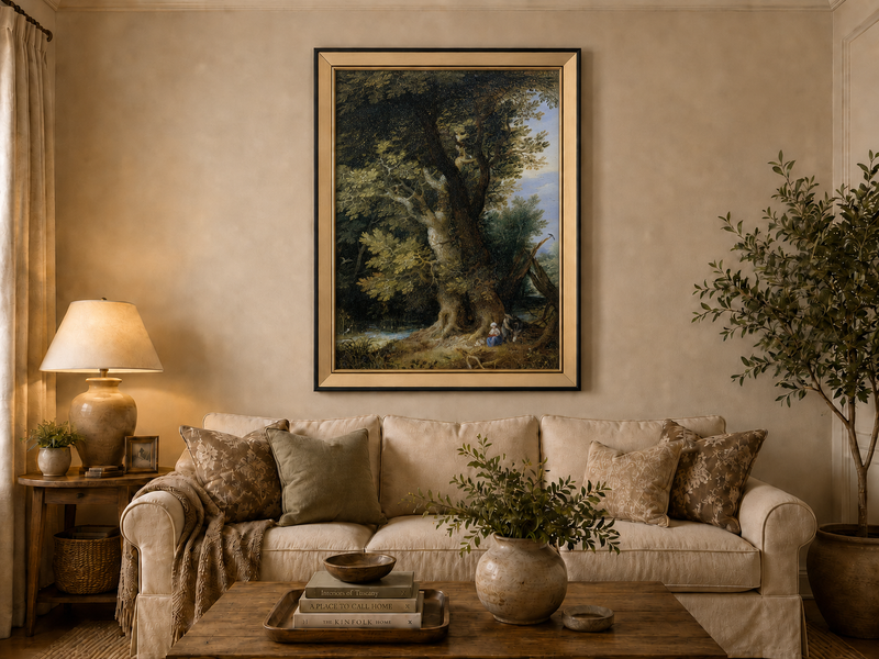 Peinture à l'huile de paysage - Rivière printanière avec pêcheur et arbres
