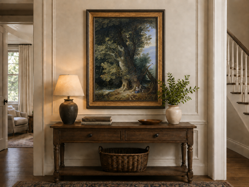 Peinture à l'huile de paysage - Rivière printanière avec pêcheur et arbres