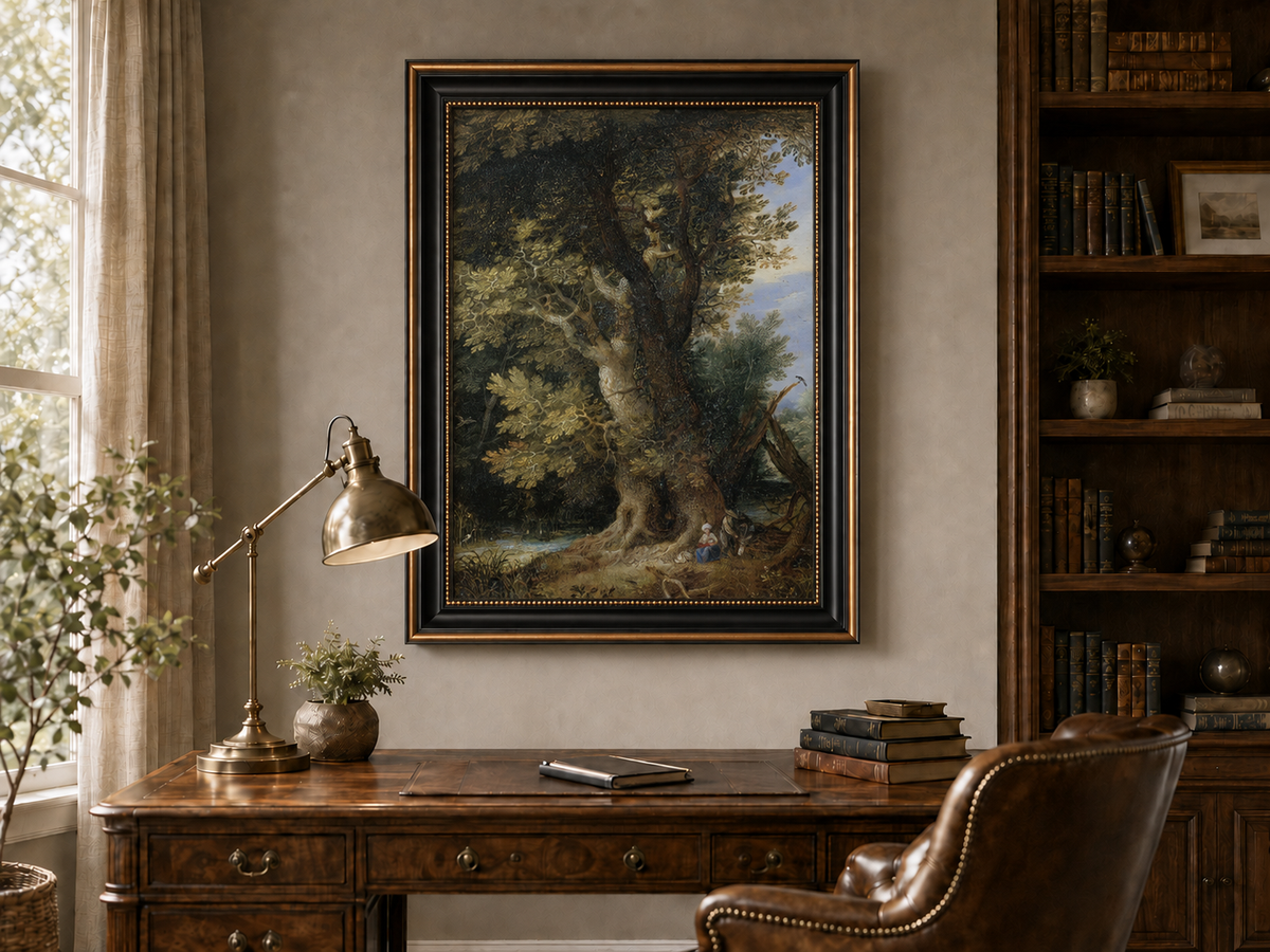 Peinture à l'huile de paysage - Rivière printanière avec pêcheur et arbres