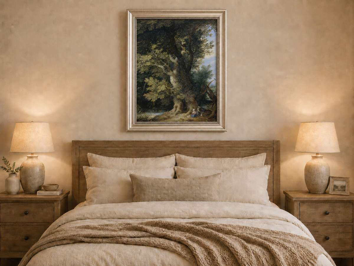 Peinture à l'huile de paysage - Rivière printanière avec pêcheur et arbres