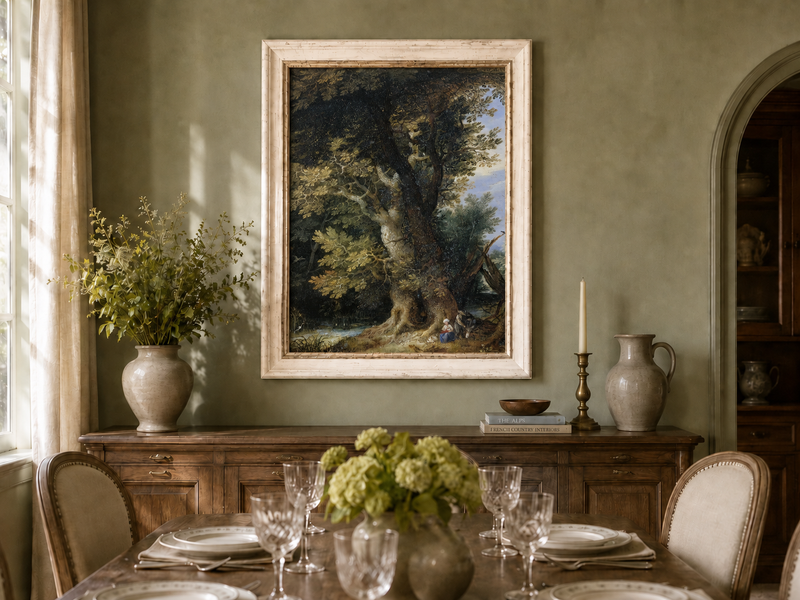 Peinture à l'huile de paysage - Rivière printanière avec pêcheur et arbres