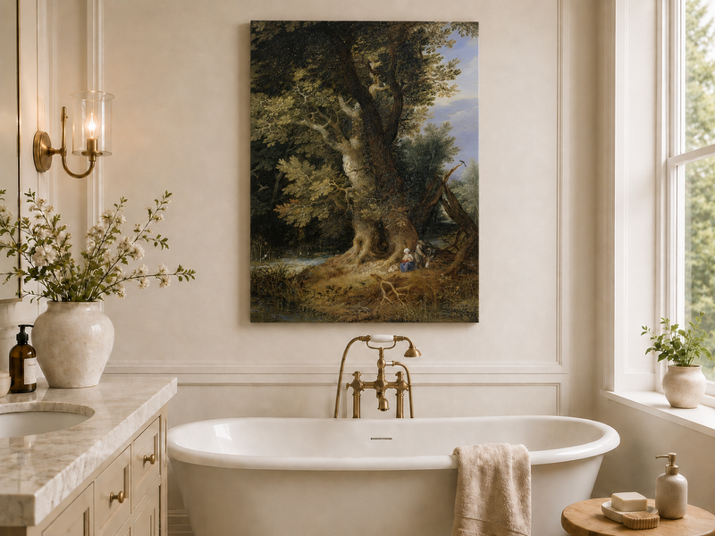 Peinture à l'huile de paysage - Rivière printanière avec pêcheur et arbres