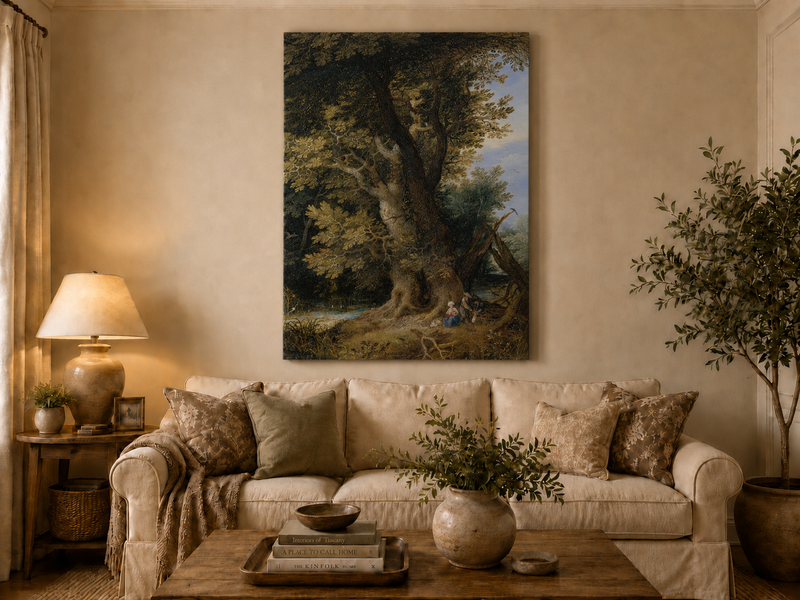 Peinture à l'huile de paysage - Rivière printanière avec pêcheur et arbres
