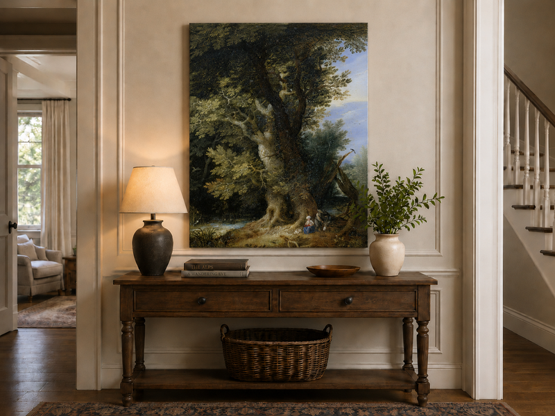 Peinture à l'huile de paysage - Rivière printanière avec pêcheur et arbres