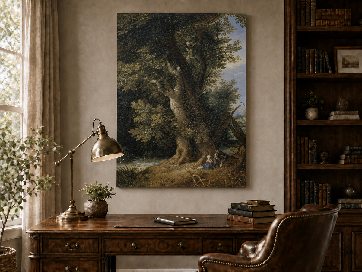 Peinture à l'huile de paysage - Rivière printanière avec pêcheur et arbres