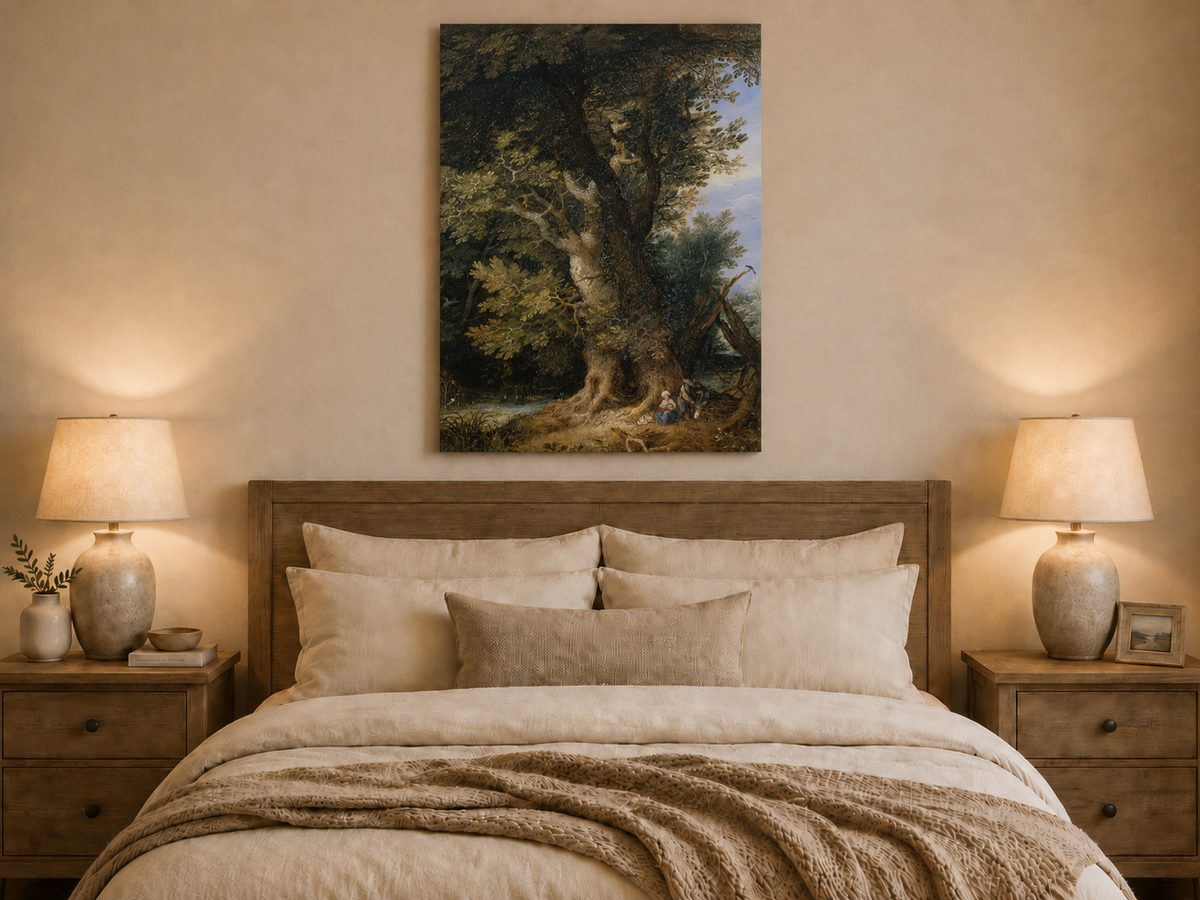 Peinture à l'huile de paysage - Rivière printanière avec pêcheur et arbres