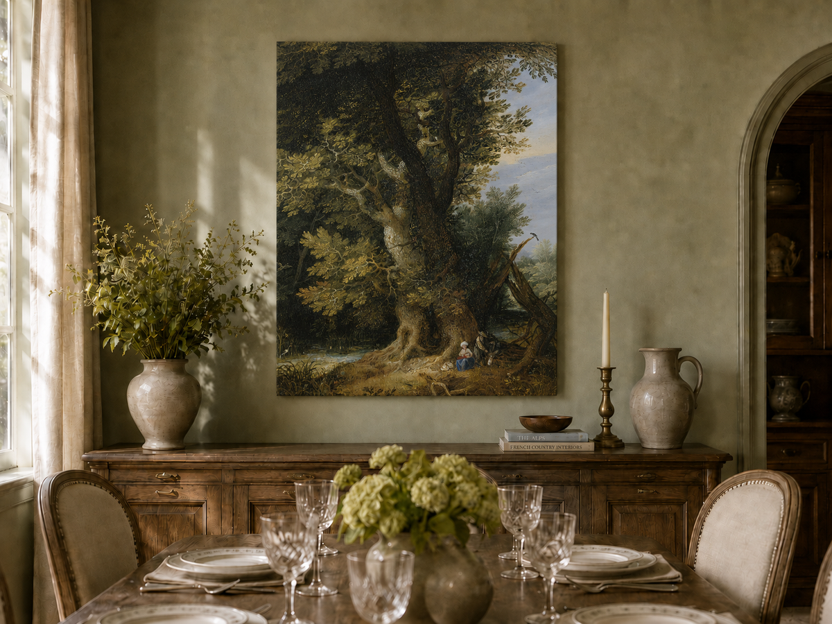 Peinture à l'huile de paysage - Rivière printanière avec pêcheur et arbres