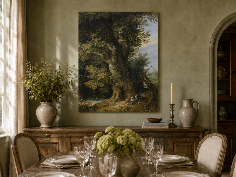 Peinture à l'huile de paysage - Rivière printanière avec pêcheur et arbres
