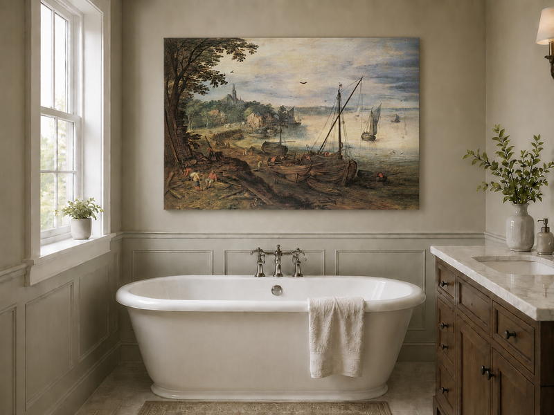 Peinture à l'huile de paysage - Village côtier avec phare et coucher de soleil
