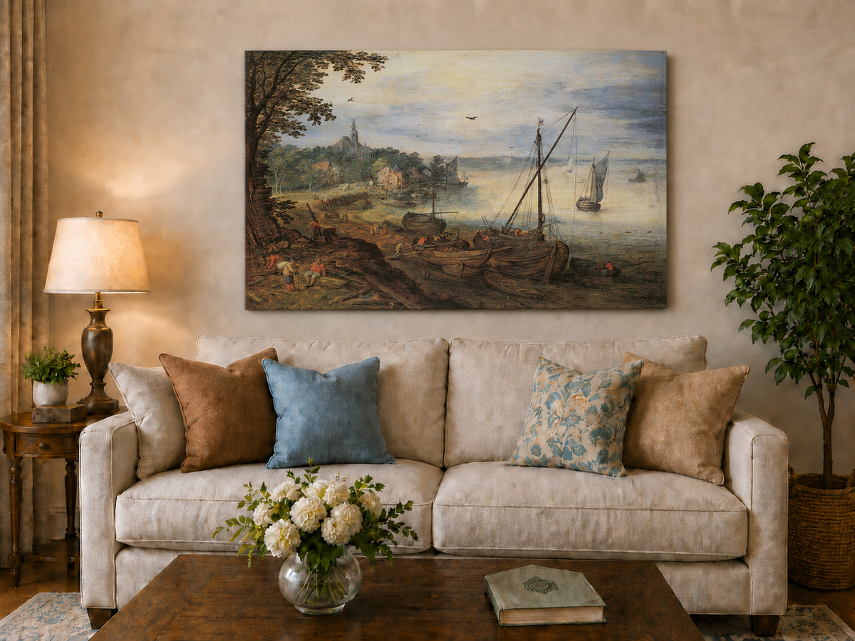 Peinture à l'huile de paysage - Village côtier avec phare et coucher de soleil