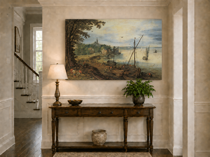 Peinture à l'huile de paysage - Village côtier avec phare et coucher de soleil