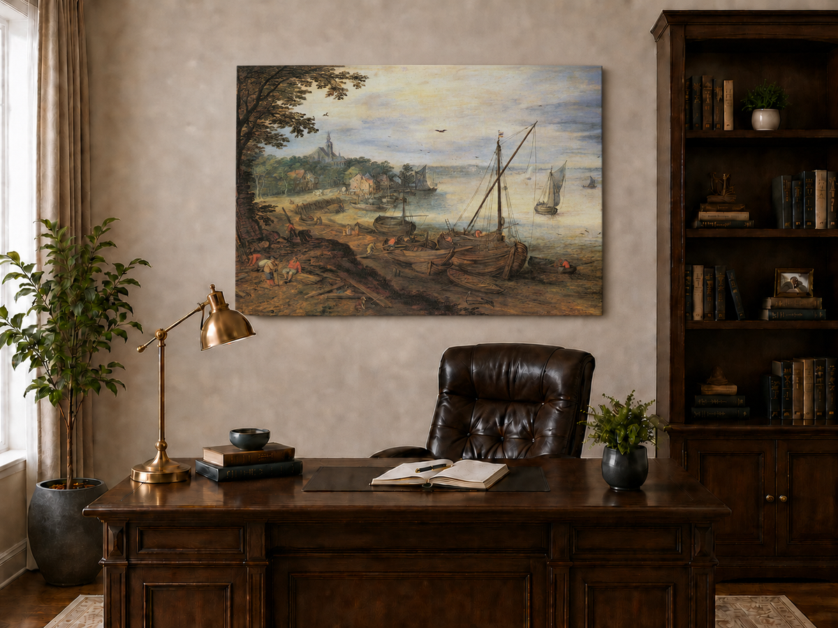 Peinture à l'huile de paysage - Village côtier avec phare et coucher de soleil