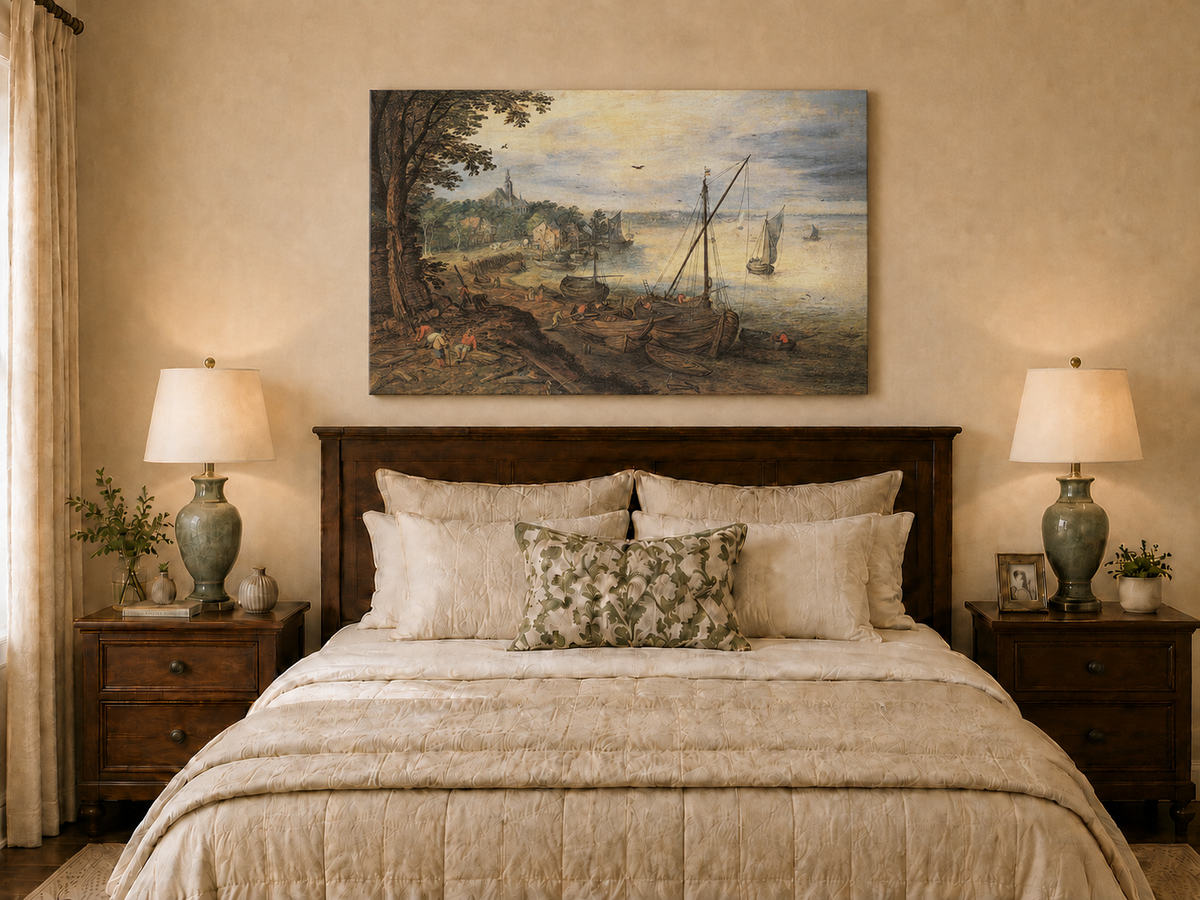 Peinture à l'huile de paysage - Village côtier avec phare et coucher de soleil