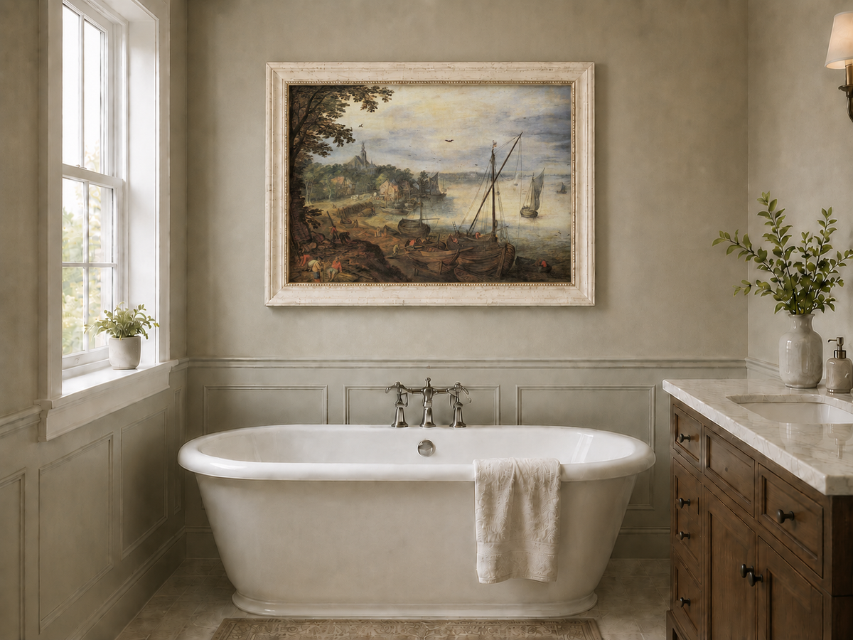 Peinture à l'huile de paysage - Village côtier avec phare et coucher de soleil